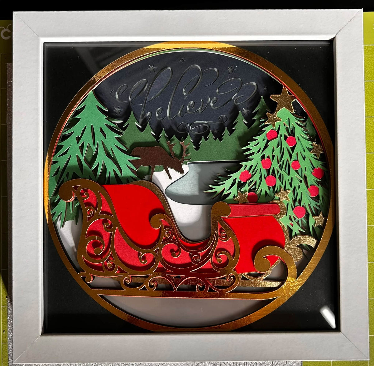 Handmade Christmas sleigh Believe layered shadow box