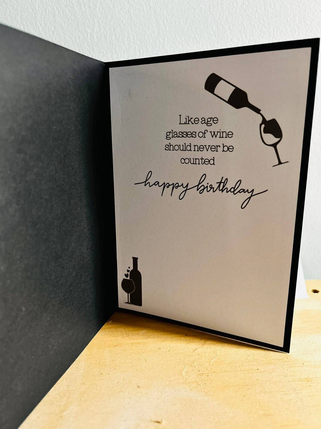 Inside of the handmade wine shaker card reading Like age, glasses of wine should never be counted, happy birthday, with wine bottle and glass silhouettes